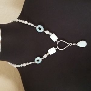 Silver Genuine Nephrite Jade White Rose Quartz Oval Square Stones Necklace